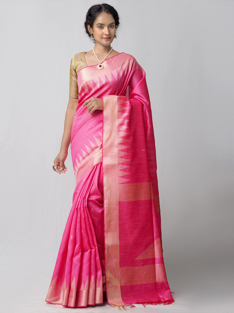 

Unnati Silks Pink & Gold-Toned Woven Design Linen Blend Jamdani Saree