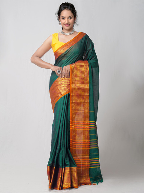 

Unnati Silks Green & Orange Woven Design Zari Pure Cotton Narayan Peth Saree
