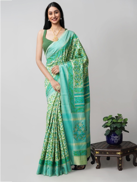 

Unnati Silks Green & Blue Floral Printed Silk Blend Mysore Silk Saree