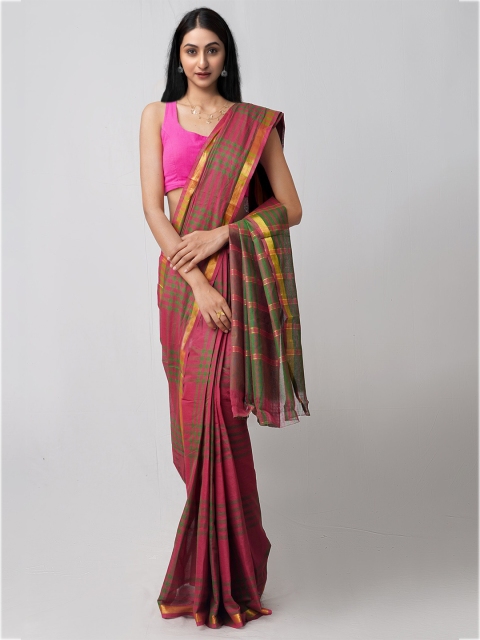 

Unnati Silks Maroon & Green Checked Pure Cotton Mangalagiri Saree