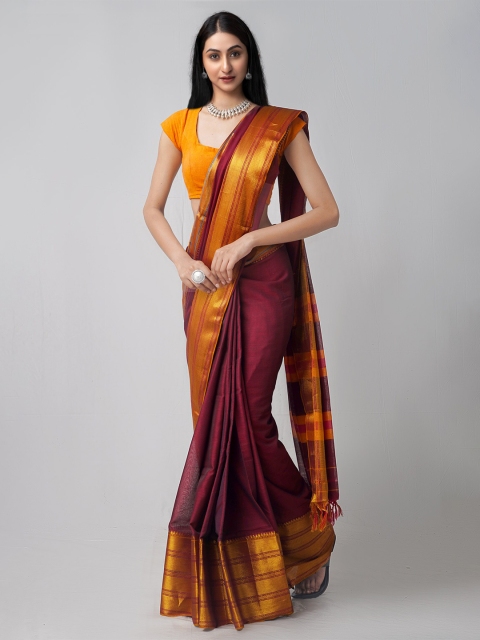 

Unnati Silks Maroon & Gold-Toned Zari Pure Cotton Narayan Peth Saree
