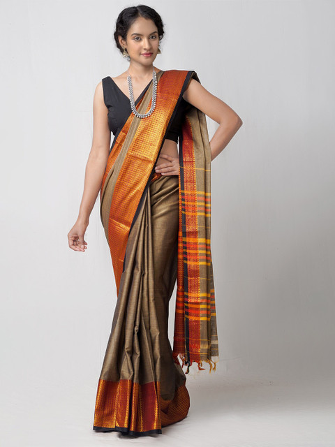 

Unnati Silks Brown & Red Zari Pure Cotton Handloom Sustainable Pavan NarayanPeth Saree