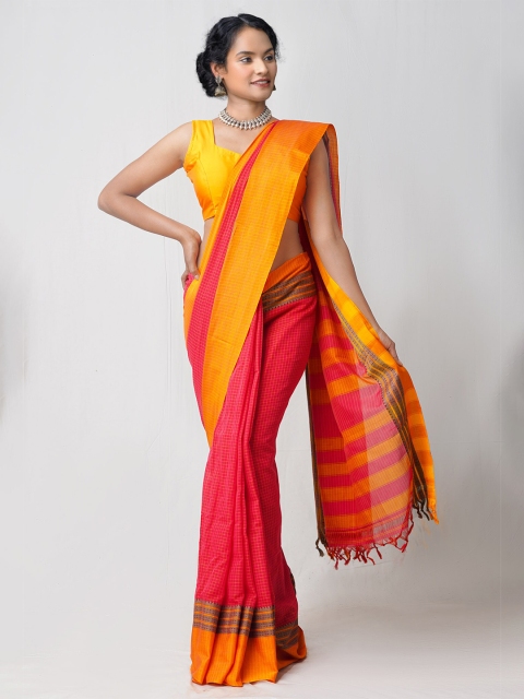 Unnati Silks Pink & Yellow Pure Cotton Chettinad Saree