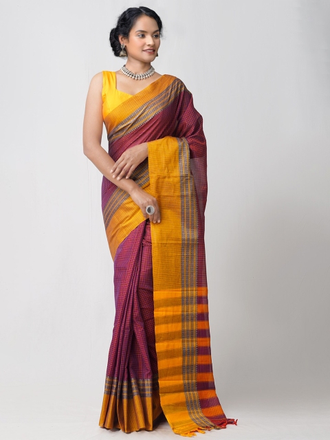 

Unnati Silks Purple & Yellow Checked Pure Cotton Chettinad Saree
