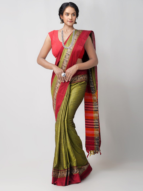 

Unnati Silks Green & Red Striped Pure Cotton Handloom Sustainable Narayan Peth Saree