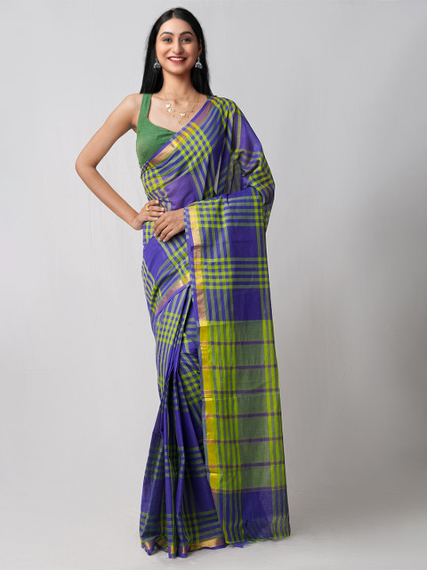 

Unnati Silks Violet & Green Checked Pure Cotton Mangalagiri Saree