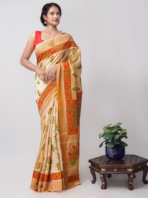 

Unnati Silks Brown & Orange Floral Silk Blend Mysore Silk Saree