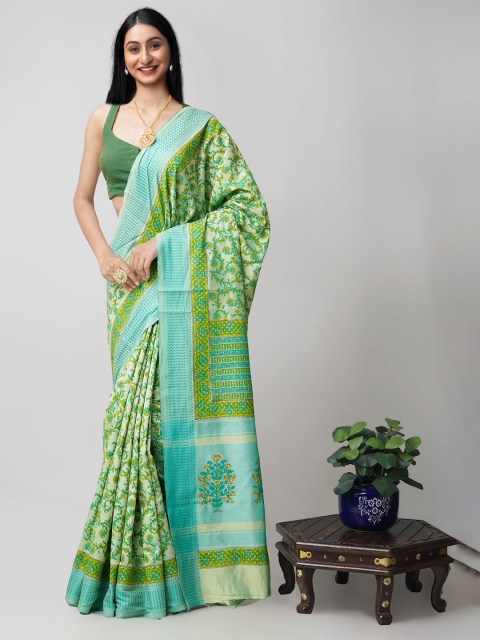 

Unnati Silks Green & Blue Ethnic Motifs Silk Blend Mysore Silk Saree