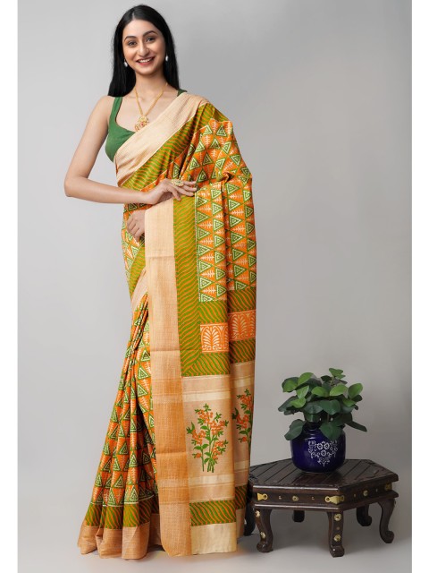 

Unnati Silks Green & Peach-Coloured Block Printed Ethnic Motifs Mysore Silk Saree