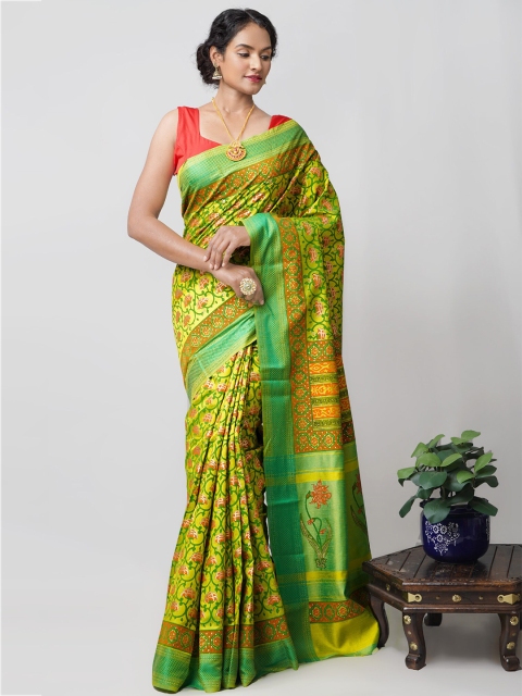 

Unnati Silks Green & Orange Block Printed Ethnic Motifs Silk Blend Mysore Silk Saree