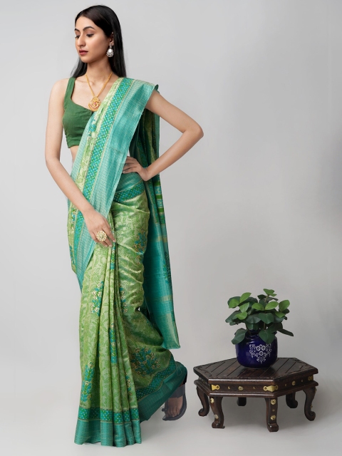 

Unnati Silks Green & Blue Ethnic Motifs Silk Blend Mysore Silk Saree