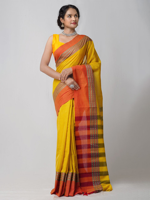 

Unnati Silks Yellow & Red Woven Design Cotton Handloom Sustainable Pavani Chettinad Saree