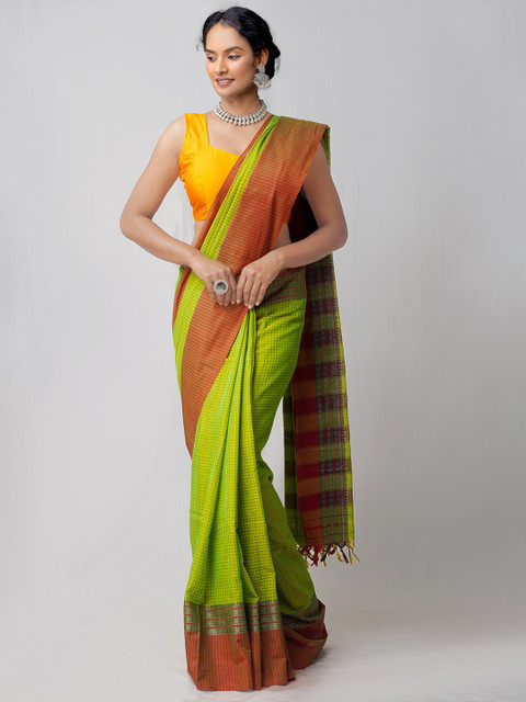 

Unnati Silks Green & Brown Woven Design Cotton Handloom Sustainable Pavani Chettinad Saree