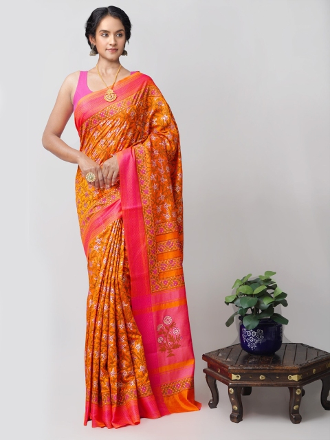 

Unnati Silks Orange & Pink Ethnic Motifs Silk Blend Mysore Silk Saree