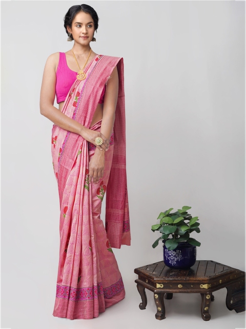 

Unnati Silks Pink & Green Ethnic Motifs Silk Blend Mysore Silk Saree