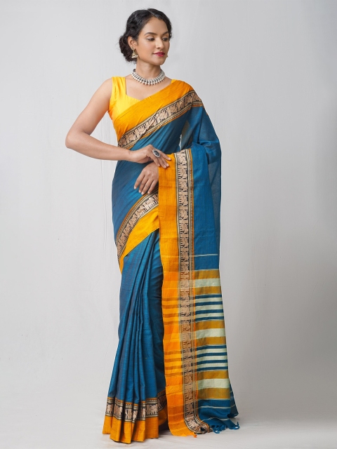 

Unnati Silks Blue & Mustard Woven Design Pure Cotton Narayan Peth Saree