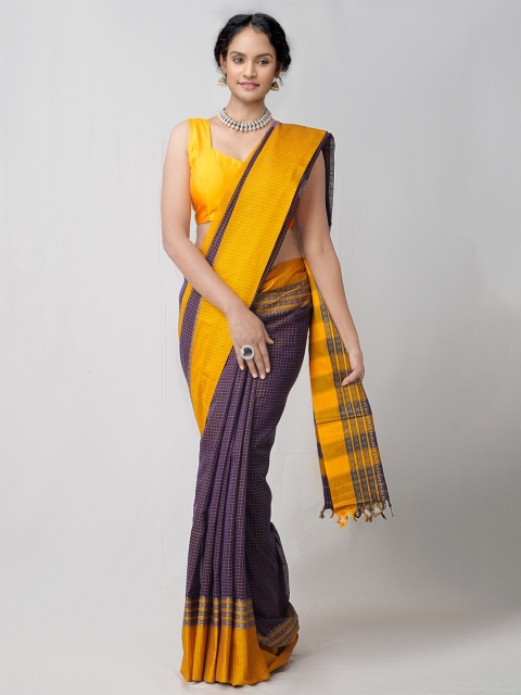 

Unnati Silks Navy Blue & Yellow Checked Pure Cotton Chettinad Saree