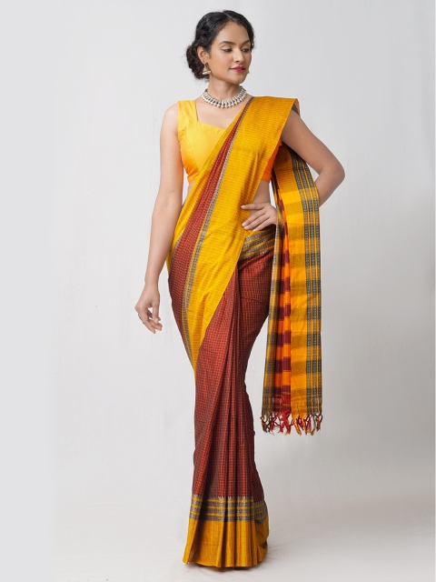 

Unnati Silks Maroon & Yellow Checked Pure Cotton Chettinad Saree