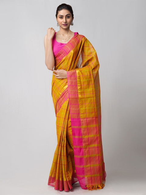 

Unnati Silks Brown & Pink Checked Zari Pure Cotton Mangalagiri Saree