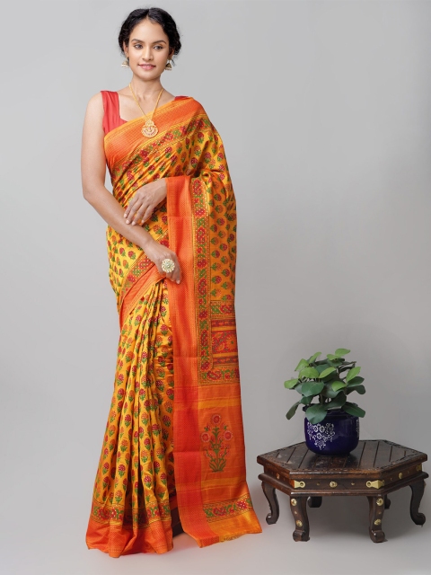 

Unnati Silks Orange & Green Ethnic Motifs Silk Blend Mysore Silk Saree