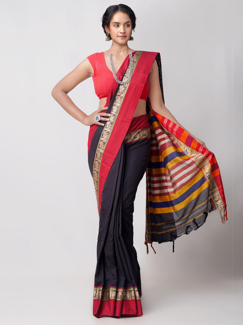 

Unnati Silks Black & Red Striped Handloom Sustainable Pure Cotton Narayan Peth Saree