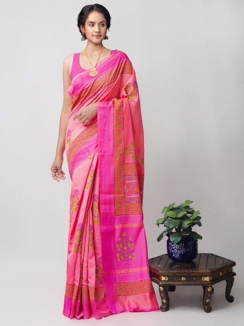 

Unnati Silks Pink & Green Floral Printed Silk Blend Mysore Silk Saree