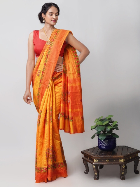 

Unnati Silks Orange & Red Ethnic Motifs Silk Blend Mysore Silk Saree