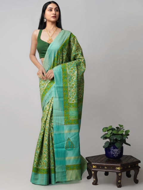 

Unnati Silks Green & Blue Floral Printed Mysore Silk Saree