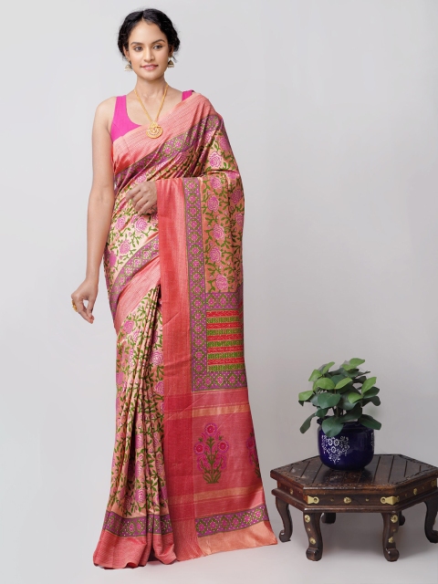 

Unnati Silks Pink & Green Ethnic Motifs Silk Blend Mysore Silk Saree