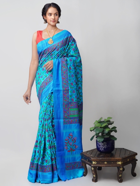 

Unnati Silks Blue & Red Floral Printed Mysore Silk Saree