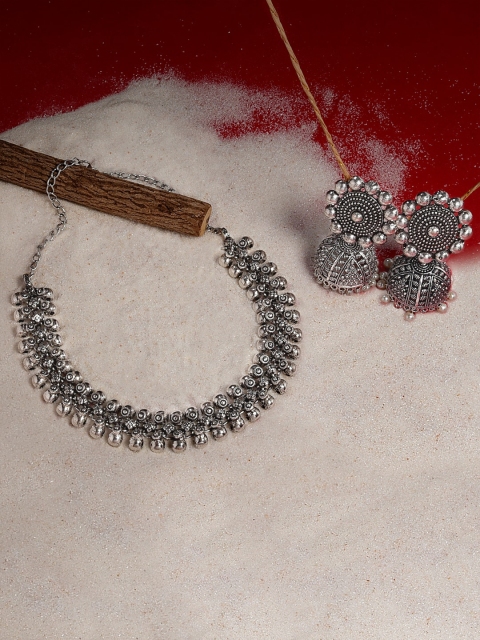 

Fida Women Silver Oxidised Silver Plated Silver Stone Studded Jewellery Set