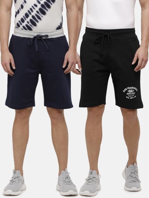

MADSTO Men Pack Of 2 Black & Navy Blue Training or Gym Sports Cotton Shorts