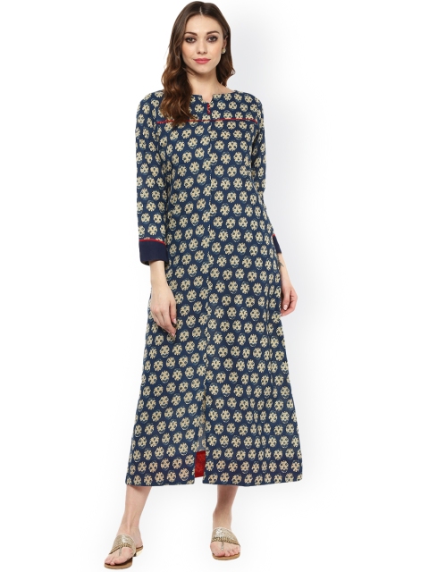 

Jaipur Kurti Women Navy Printed Midi Dress, Navy blue