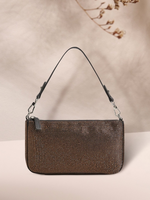 

MANGO Black & Coffee Brown Embellished Structured Baguette Shoulder Bag
