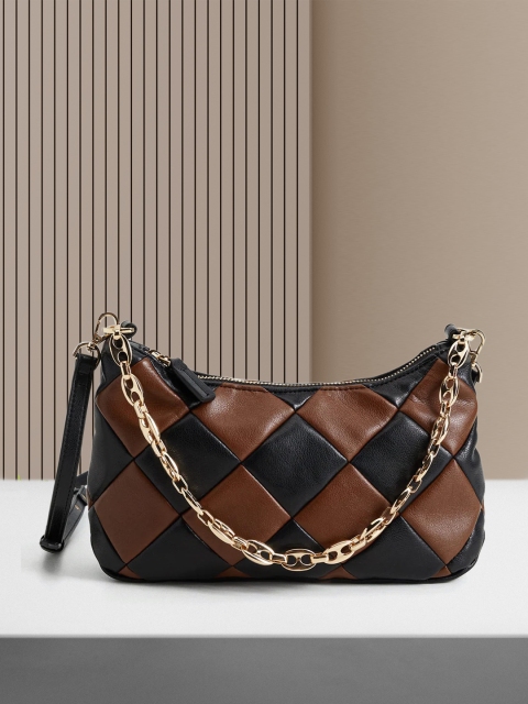 

MANGO Brown Colourblocked Quilted Structured Baguette Bag