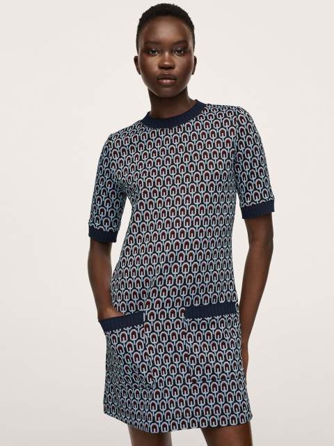 

MANGO Black & Blue Printed Mini Shift Dress