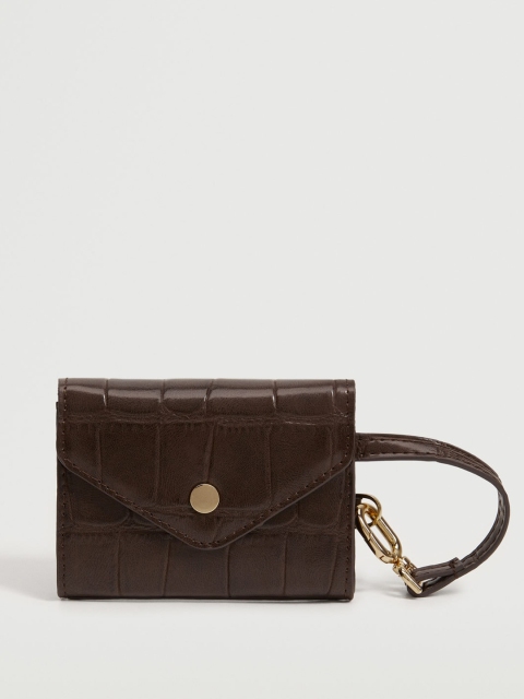 

MANGO Women Coffee Brown Croc Textured Envelope Coin Purse