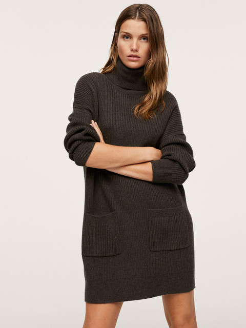 

MANGO Brown Ribbed Mini Sweater Dress