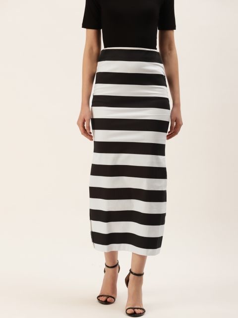 

urSense Women White & Black Cotton Blend Striped Straight Skirt
