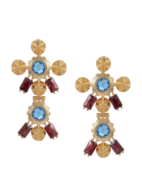 

Tistabene Gold-Plated Red & Blue Stone-Studded Contemporary Drop Earrings