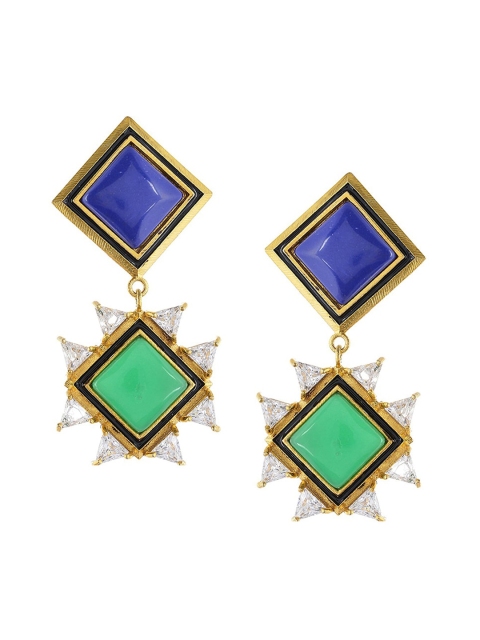 

Tistabene Gold-Plated Blue & Green Stone-Studded Geometric Drop Earrings