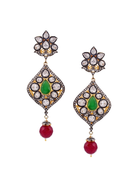 Tistabene Green & Gold-Toned Floral Rhodium Plated Drop Earrings
