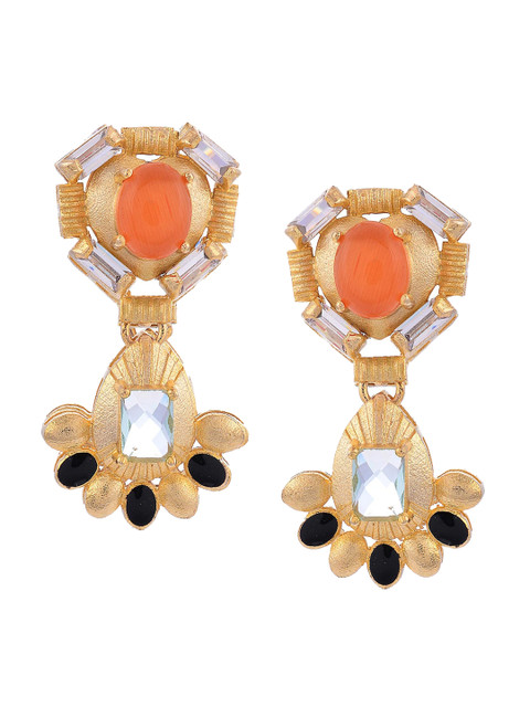 

Tistabene Gold-Plated & Orange Stone Studded Contemporary Drop Earrings