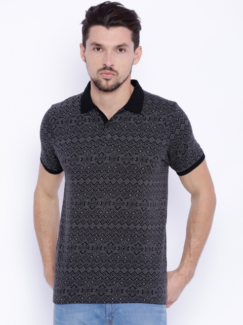 

Basics Men Black & Grey Slim Fit Polo Collar T-shirt