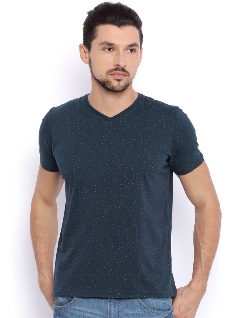

Basics Men Navy Printed V-Neck T-shirt, Navy blue