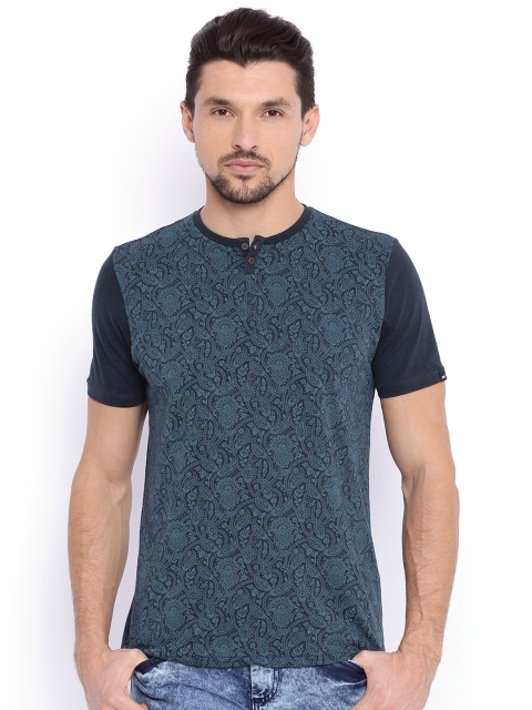 

Basics Men Navy Blue Printed Muscle Fit Henley Neck T-shirt