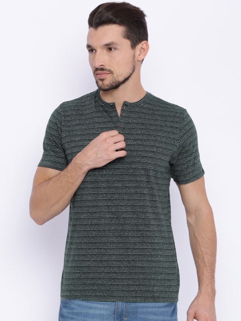 

Basics Men Black Striped Slim Fit Henley Neck T-shirt