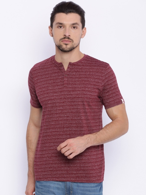 

Basics Men Red Striped Slim Fit Henley Neck T-shirt