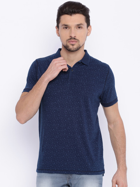 

Basics Men Navy Printed Muscle Fit Polo T-shirt, Navy blue