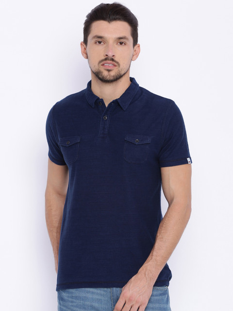 

Basics Men Navy Solid Muscle Fit Polo T-shirt, Navy blue